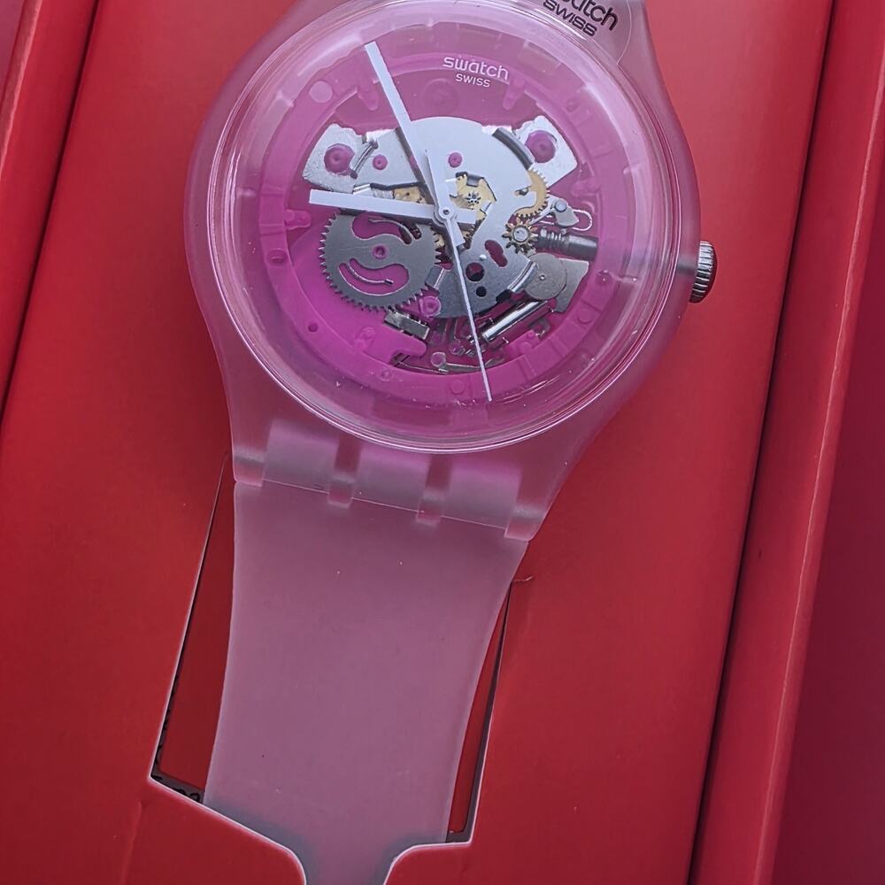 Swatch Pink Transparent Dial Pink Silicone Strap Watch - Picture 7 of 12